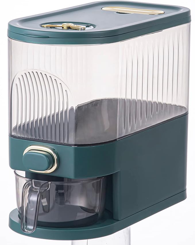 Sooyee 11 Lbs Rice Dispenser, Large Grain Container Storage with Lid Measuring Cylinder Moisture Proof Household Cereal Dispenser Bucket for Kitchen Soybean Corn,Clear and Green