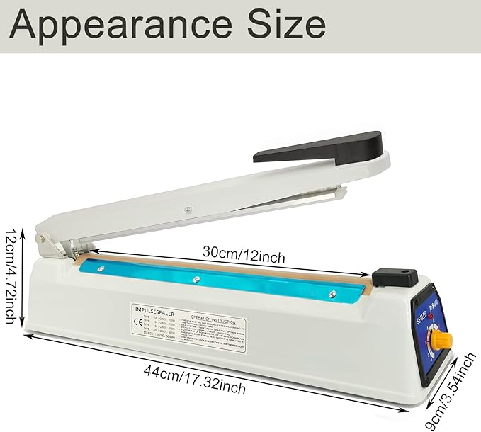 Impulse Heat Sealer 12 Inch 5mm Mylar Bag Sealer, Iron Shell Sealer, Plastic Bag Sealer Machine, with 4 Replacements Kit (2 Cutting Lines Included)