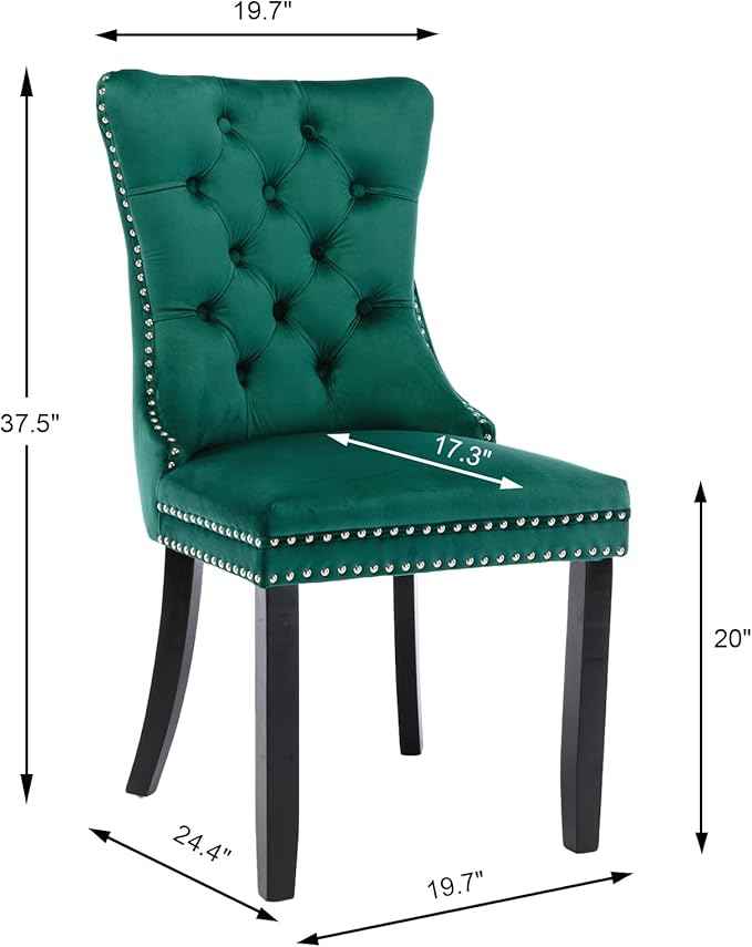 Green Velvet Dining Chairs Set of 2, Upholstered Dining Room Chairs with Back Ring Pull Trim and Solid Wood Legs, Tufted Wingback Kitchen Chairs for Dining Room,Living Room,Kitchen(Green)