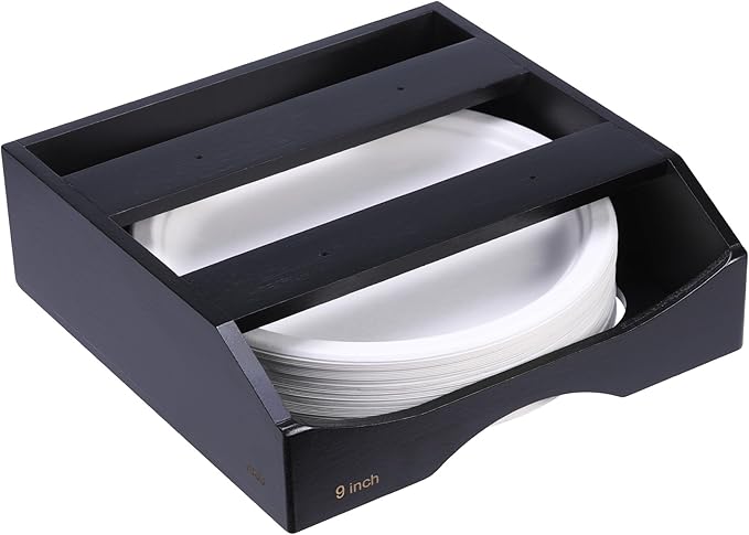 9-inch Paper Plate Dispenser Under Cabinet, Bamboo Paper Plate Holders, Kitchen Counter Vertical Plate Dispensers Holders Countertop Caddy(For 9-inch Plates, Black)