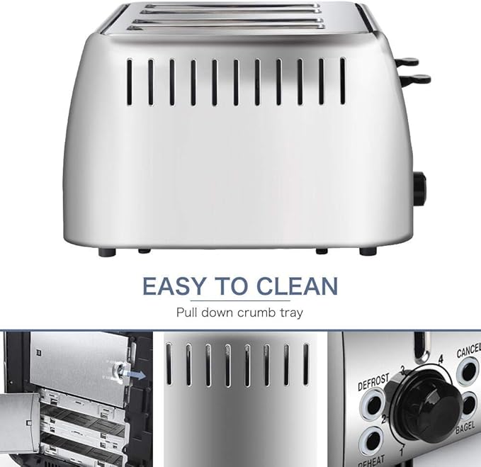 Toaster 4 Slice Stainless Steel Bagel Toaster Extra Wide Slots with 6 Browning Setting, Bagel/Reheat/Defrost/Cancel Function for Toasting Bread, Bagels and Waffles, 1500W, Silver