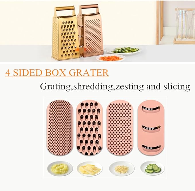 4 Sides Box Grater For Kitchen,Stainless Steel Cheese Grater With Handle,Multi-Function Vegetable Slicer Food Shredder For Chees,Ginger,Vegetables,Dishwasher Safe, Gold