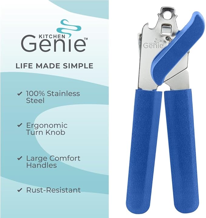 Kitchen Genie Slip Resistant Stainless Steel Manual Can Opener, Sharp Blade for Smooth Edge Cuts, Easily Open Cans, Ergonomic Handles with Easy to Turn Knob, Built-In Bottle Openers, Cobalt Blue