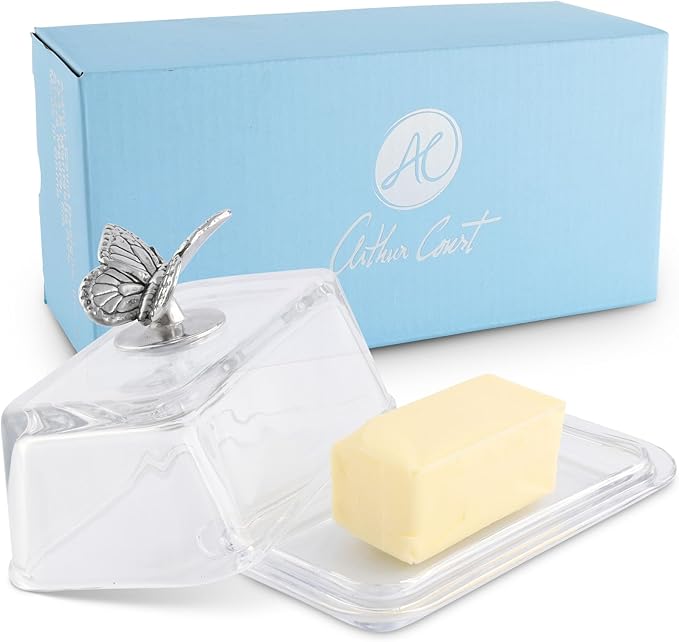 Arthur Court Glass Butter Dish with Lid Butterfly Knob | Classic 2-Piece Design Covered Butter Keeper | Covers and Holds a Standard Stick of Butter | Farmhouse Spring Décor