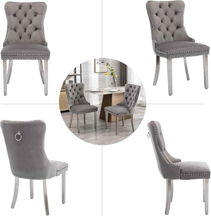 Dining Room Chairs Set of 4, Velvet Upholstered Dining Chairs with Back Ring Pull Trim and Sliver Stainless Steel Legs,Modern Dining Chair Perfect for Dining Room,Kitchen(Grey)