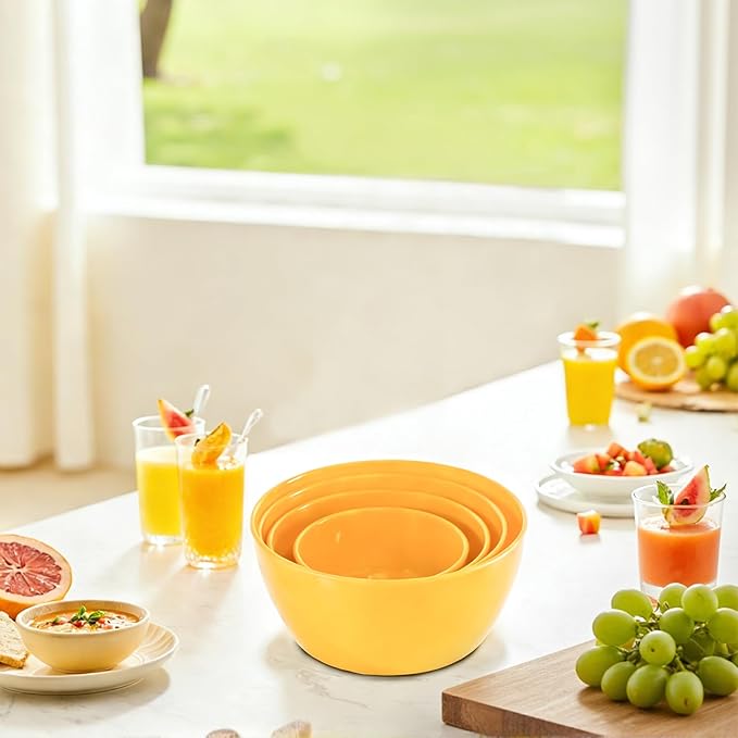 4-Piece Classic Plastic Prep Bowls with Lids, Nesting Plastic Small Mixing Bowl Set for Mixing, Baking, Prepping, Cooking and Serving Food, Microwave and Dishwasher Safe (Yellow)