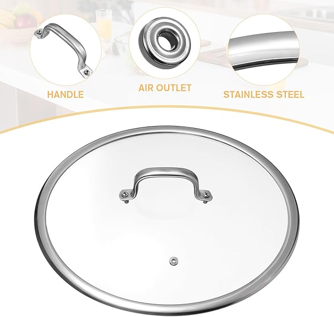 Luxshiny 13 Inch Tempered Glass Pot Lid with Heat Resistant Handle - Thickened Transparent Pan Cover for Frying Pans Woks and Cast Iron Skillets - Visual Cooking with Anti-Drip Design
