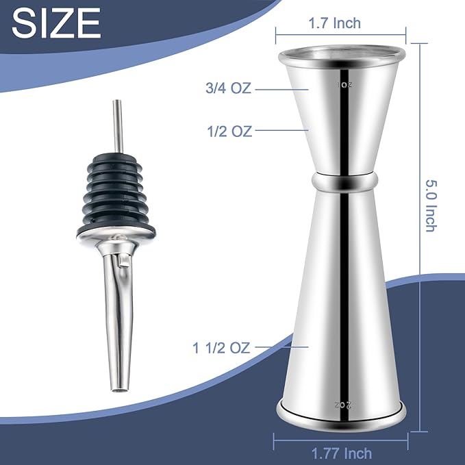 Briout Jigger and 2 Pourers, Double Cocktail Jigger Japanese Premium 304 Stainless Steel Jigger 2 OZ and 1 OZ with Measurements Inside
