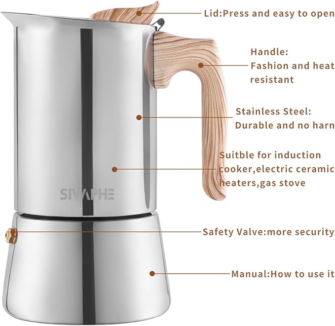 Sivaphe Stainless Steel Stovetop Espresso Coffee Maker, 6cups Espresso pot, 300ml Moka Campaing Coffee Pot, Induction Italian Mocha Pot with Step-by-step Instructions(1 Cup=50ml)