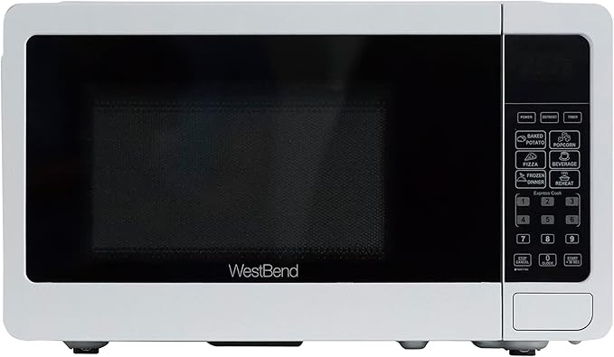West Bend 0.7 Cu. Ft. Countertop Microwave Oven, 700W with 6 Pre-Programmed Cooking Settings, Speed Defrost, Electronic Control Panel, Rotating Glass Turntable, Add 30 Seconds Button, White