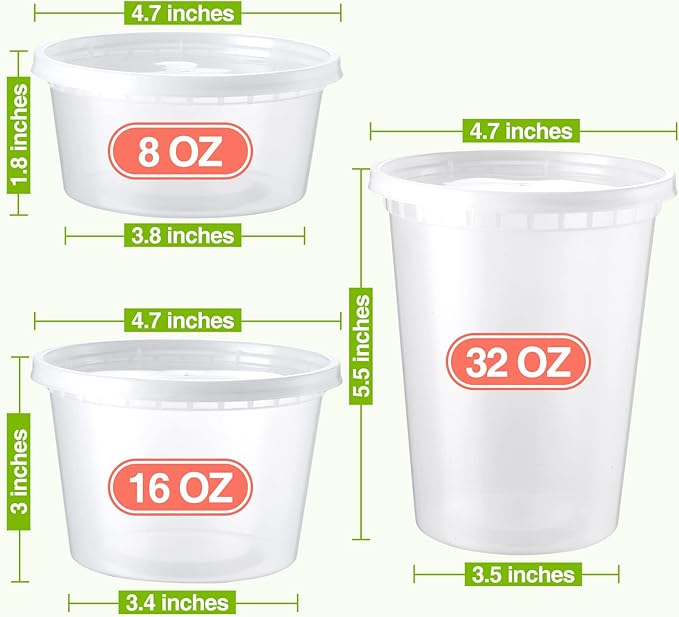 NEEBAKE 60 Set Deli-Containers-with-Lids: [8oz 16oz 32oz] Combo Plastic-Food-Storage-Containers-with-Lids, To-Go-Containers, Meal-Prep-Containers