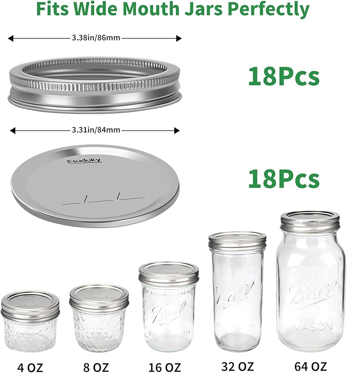 36Pcs Mason Jar Lids with Rings Wide Mouth, Upgrade Canning Lids with Rings/Bands for Ball, Kerr Jars and More, Split-Type with Leak Proof & Airtight, Food Grade Material for Mason Jars
