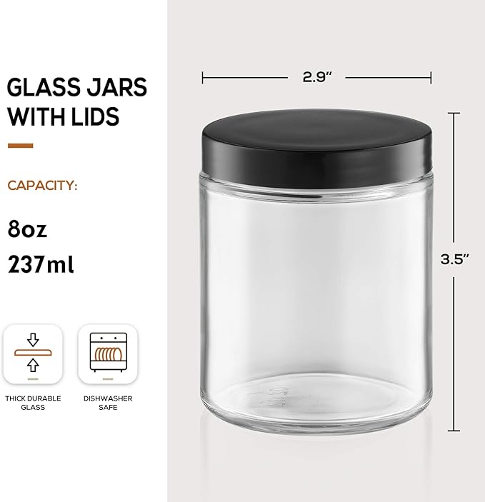 12 Pack, 8 OZ Clear Candle Jars For Making Candle, Thick Glass Jars with 12 Metal & 12 Plastic Lids - Empty Round Food Storage Containers, Canning Jar For Spice, Powder, Liquid, Sample - Food Grade