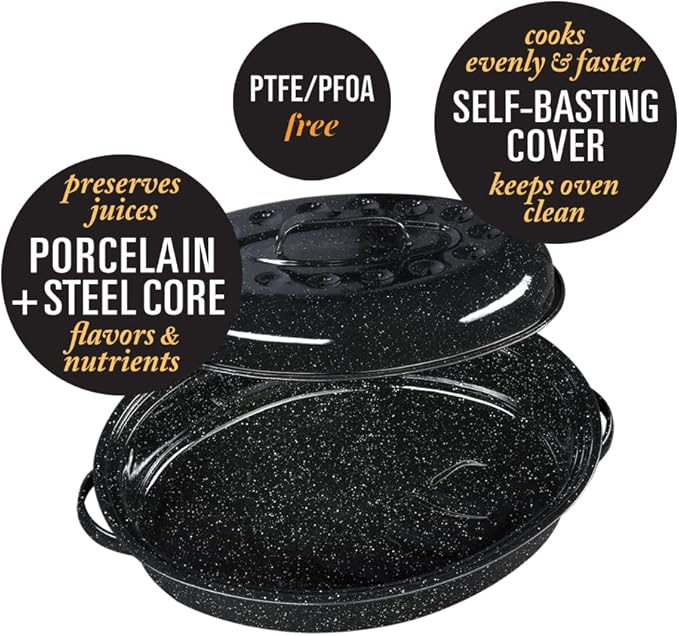 Granite Ware 15-Inch Covered Oval Roaster, 10 Lb Capacity - Enamel Steel Cookware, Dishwasher Safe & PFOA-Free, Even Heat Distribution for Roasting Poultry, Meat, or Vegetables (Speckled Black)