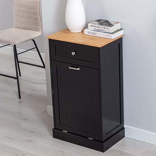 Gitua Tilt Out Trash Cabinet, Freestanding Wooden Kitchen Trash Recycling Cabinet with Drawer & Removable Cutting Board, Dog Proof Trash Can Cabinet, Black