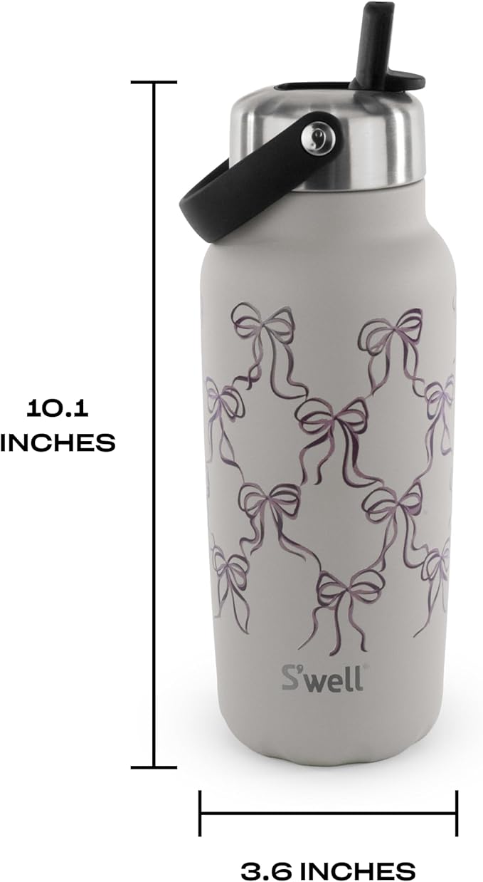 S'well Recycled Stainless Steel Explorer with Flip Straw Lid, 32oz, Limited Edition Lunar Grey Bows, Triple Layered Vacuum Insulated Containers Keeps Drinks Cold for 42 Hours and Hot for 10