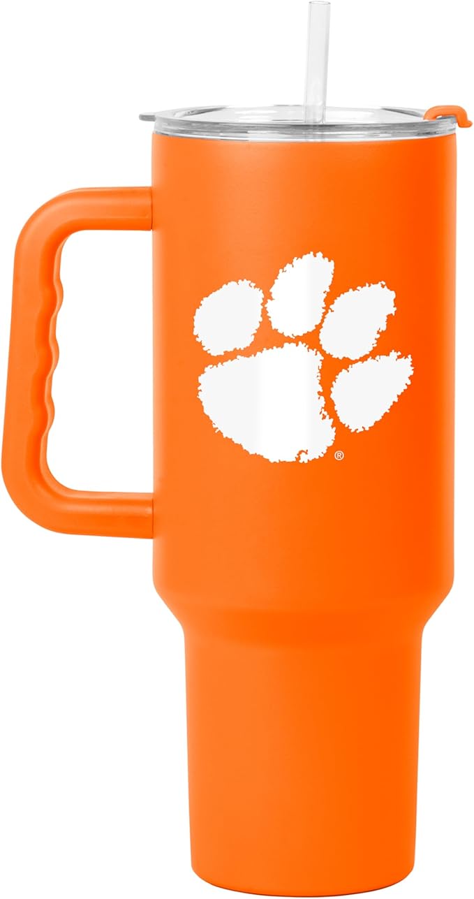 Logo Brands NCAA 40 oz Tumbler with Handle -Stainless Steel Insulated Travel Tumbler with Straw Lid – Powder Coated, Leak-Resistant, Keeps Drinks Hot/Cold – Great for Tailgating, or Everyday Use