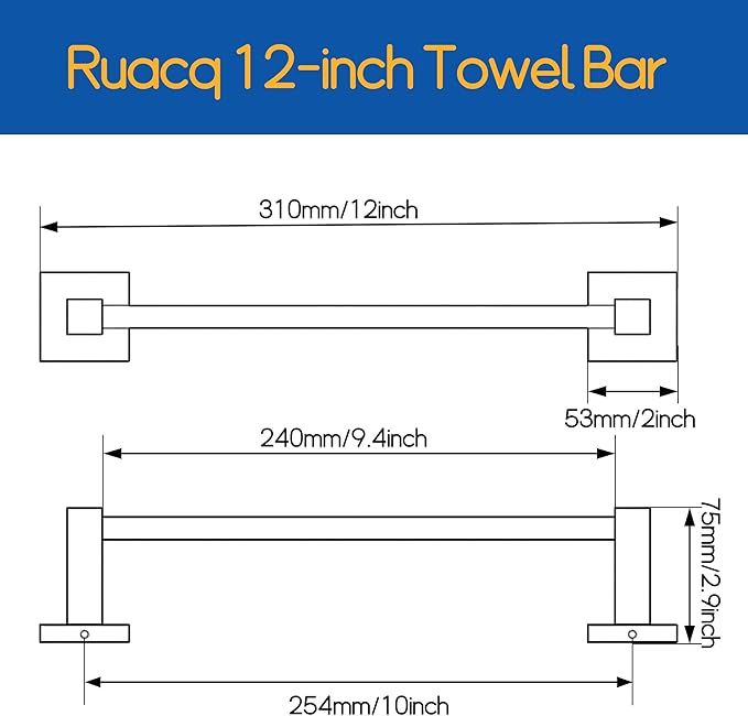 Ruacq Hand Towel Holder 10inch, Stainless Steel Towel Ring, Square Base Towel Bar for Bathroom, Brushed Nickel Single Towel Bars, Towel Holder Wall Mounted, Total Length 12inch