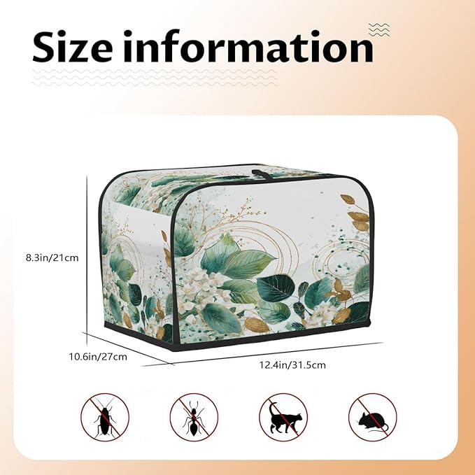 4 Slice Toaster Cover,Sage Green Eucalyptus Leaves Floral Gold Line Small Kitchen Appliance Bread Machine Cover with Pockets,Dust & Fingerprint Protection