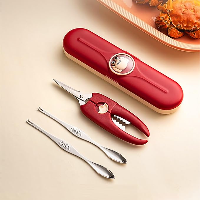 ACCUFINE Crab Crackers and Tools Red in Case Set for Party Crab Scissors for Cutting the Shell Lobster Crackers and Picks SetS with Carrying Case Seafood Scissor Shrimp (red)