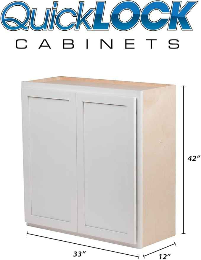 Quicklock RTA (Ready-to-Assemble) 42" Tall Wall Kitchen Cabinets - Shaker Style | 100% Hardwood | Made in America | Soft Close Hardware (12" D x 33" W x 42" H, Pure White)