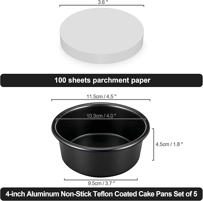 4 Inch Cake Pan Set of 5, Nonstick Cheesecake Round Cake Pans with 100 Pieces Parchment Paper, Mini Cake Tins for Baking, Non-Toxic & Leakproof Circle Cake Pan, Aluminum Material Food Grade Coating