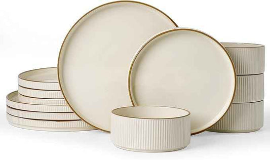 Famiware Star Dinnerware Set, Plates and Bowls Sets for 4 (12pcs), Ribbed Stoneware Dishes with Trim - Chip & Scratch Resistant, Microwave & Dishwasher Safe, Cream
