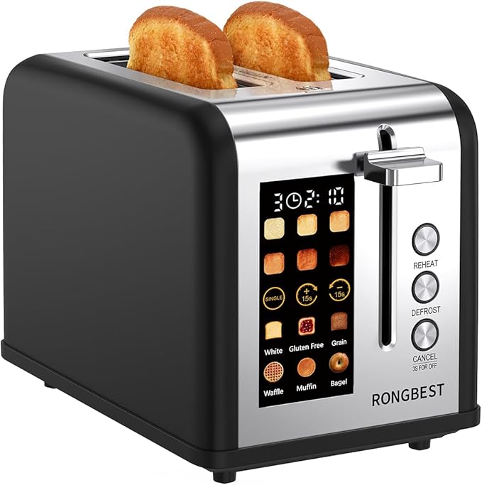 2 Slice Touch Screen Toaster Stainless Steel with Wide Slots, Even Toasting for Bagels & Bread, Defrost & Reheat, Easy Removable Crumb Tray, Matt Black