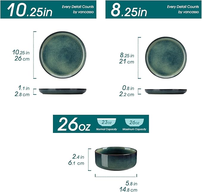 vancasso Starry 12 Pieces Dinnerware Sets for 4, Green Reactive Glaze Dishes Sets, Ceramic Plates and Bowls Set, Dinner Salad Dessert Plates, and Cereal Bowls Set, Dishwasher and Microwave Safe