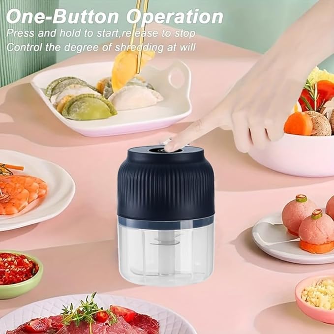 Electric Garlic Chopper,Mini Portable Veggie Cutter,Upgrade Electric Mini Garlic Chopper Set,Vegetable Chopper and Spiralizer with Container and Lid,USB Rechargeable (Blue+White)