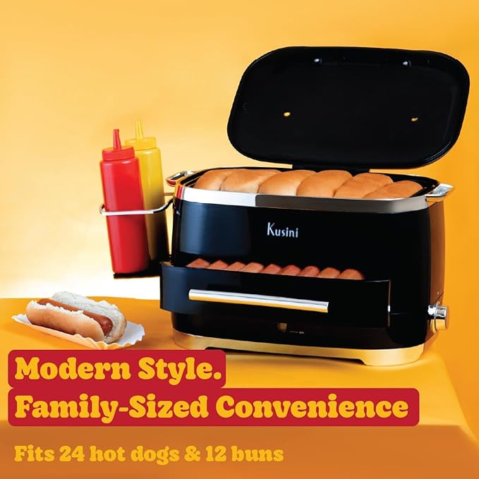 Kusini Hot Dog Steamer Machine With Bun Warmer, 24 Hot Dog & 12 Buns - Electric Food Steamer for Cooking Vegetables, Fish, & More - Unique Housewarming Gift Idea - Movie & Date Night Hosting Essential