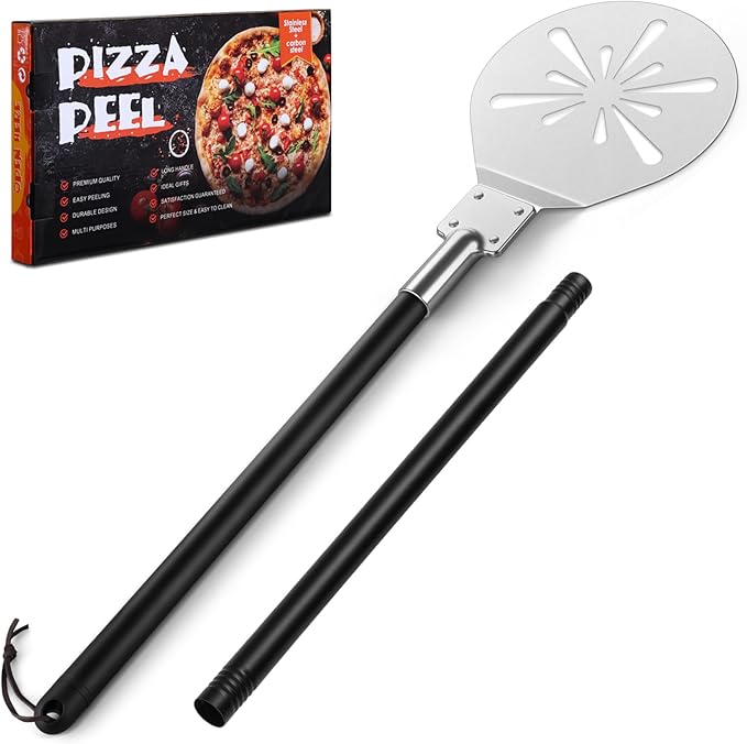 7 Inch Pizza Peel Turning, Joyfair Perforated Pizza Turner with Long Detachable Handle, Stainless Steel Spatula Paddle for Rotating Sliding, Metal Tools Oven Accessories, Easy Cleanup (Painted Handle)