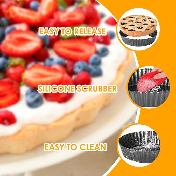 2 Pack 9.5 Inch Tart Pan Pie Pan, Heavy Duty Deep Quiche Pan with Removable Bottom, Nonstick Carbon Steel Deep-dish Round Pie Plate Tin with Oil & Dish Brush