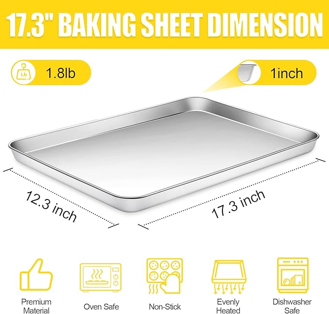Terlulu Baking Sheet, Cookie Sheet, Stainless Steel Baking Pan, 2 Piece-17.3''x 12.3'' x 1'', Half Sheet Pan for Oven, Baking Tray for Baking&Roasting, Nonstick&Nontoxic&Easy Clean