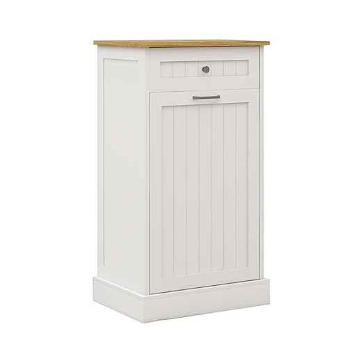 Wooden Simple Style Kitchen Trash Cabinet, Wooden Frame with Drawers and Tilt-Out Trash Cabinet for 10 Gallon Trash Cans 19.69'' W x 13.78'' D x 35.43'' H (White-021)