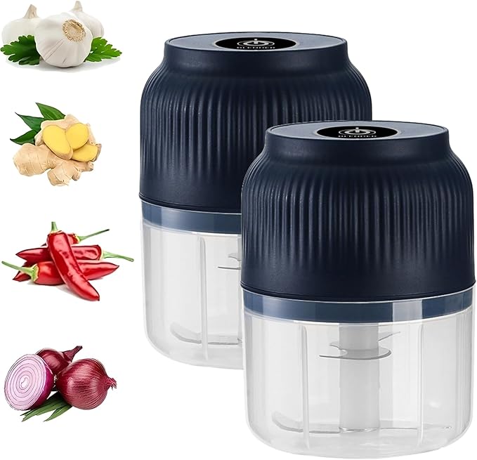 Electric Garlic Chopper,Mini Portable Veggie Cutter,Upgrade Electric Mini Garlic Chopper Set,Vegetable Chopper and Spiralizer with Container and Lid,USB Rechargeable (Blue*2)