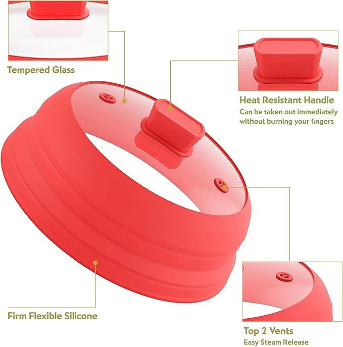 Collapsible Microwave Splatter Cover, Glass Silicone Foldable Microwave Lid for Food, 10.8 Inch Grease Splatter Guard for Pots, Pans & Bowls, Red