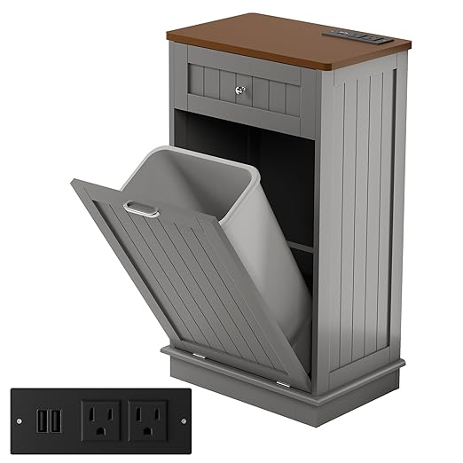 Betterhood Double Tilt Out Trash Cabinet with Power Outlet, 10 Gallon Trash Cabinet with Storage,Pet Proof Trash Can with 2 AC & USB Sockets for Kitchen,Living Room (Grey, Single Door)