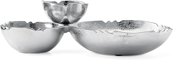 3 Cluster Decorative Bowls Bright Silver Snack Tray Bowl Chip & Dip Serving Piece Strong Brass Centerpiece Beautiful Room Accent & Entertaining Parties Home Decor Wedding Gifts 14.6 Inch Decorative