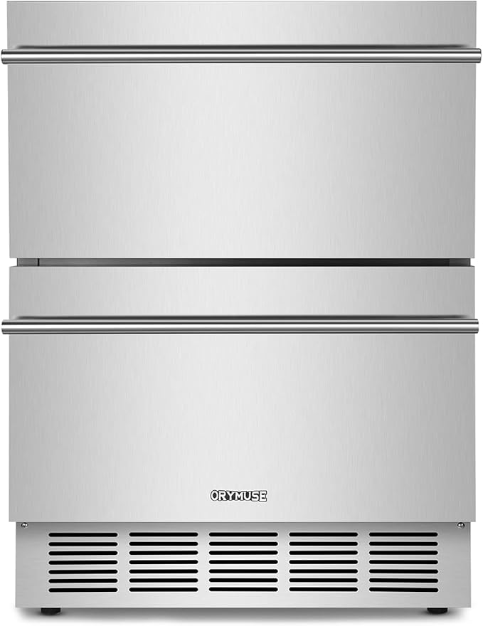 ORYMUSE Outdoor Drawer Refrigerator, 24 Inch Undercounter Beverage Cooler Fridge with Stainless Steel Seamless Door Can Hold 154 Cans w/Powerful Cooling Compressor for Kitchen and Commercial