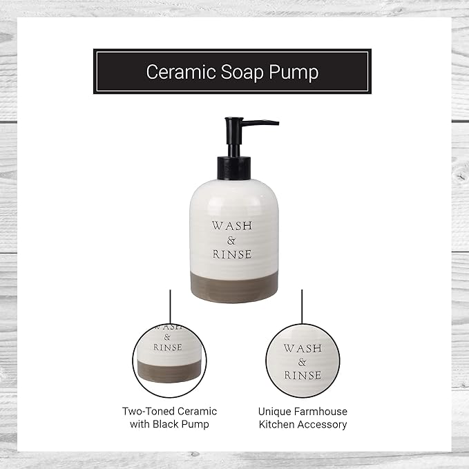 Young's Inc Farmhouse Soap Dispenser, Decorative Dish and Hand Soap Dispenser for Country Bathroom and Kitchen Counter, White, 7 Inches