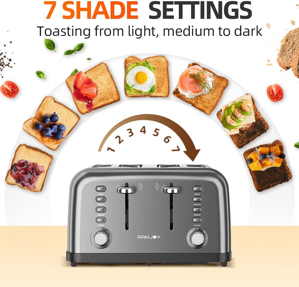 Grey Toaster 4 Slice, Dual Independent Controls, Extra Wide Slot Toasters for Bagel, Bread, Waffles, 7 Shade Settings, 4 Main Functions, Removable Crumb Tray, 1500 Watts, Grey Stainless Steel