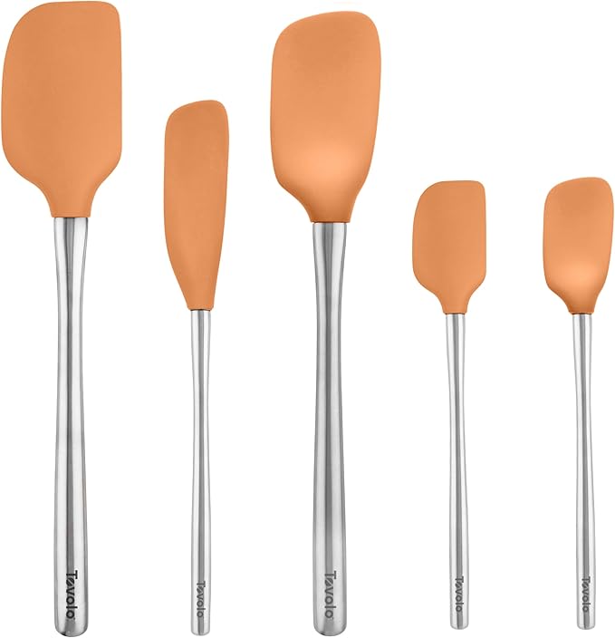 Tovolo Stainless Steel Handled Silicone Spatula Set of 5, Dishwasher Safe Kitchen Spatula Set for Cooking Baking, BPA Free Silicone Spatula set with Metal Steel Handle, Apricot Orange