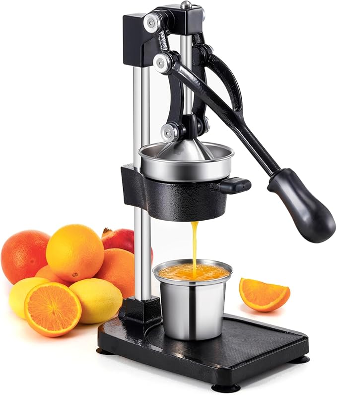 TONGCHANT Cast Iron Juicer, 17" Tall Heavy Duty Citrus Press with Stable Flat Base | Manual Hand Press Juicer for Lemon Lime Pomegranate, Easy to Clean, Stainless Steel Cup, Black