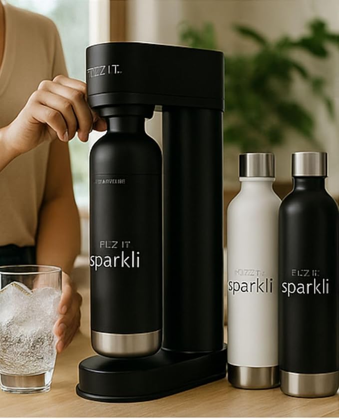Fizzit Sparkli Carbonated Soda Maker with 1L Stainless Steel Bottle | Customizable Carbonation | Soda Streaming Fizzy Water Machine | Luxury Bubbles, Dishwasher Safe & Eco-Friendly Reusable Bottle