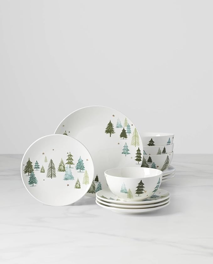 Lenox 893565 Balsam Lane 12-Piece Dinnerware Set, Green, Christmas, Holiday Hosting