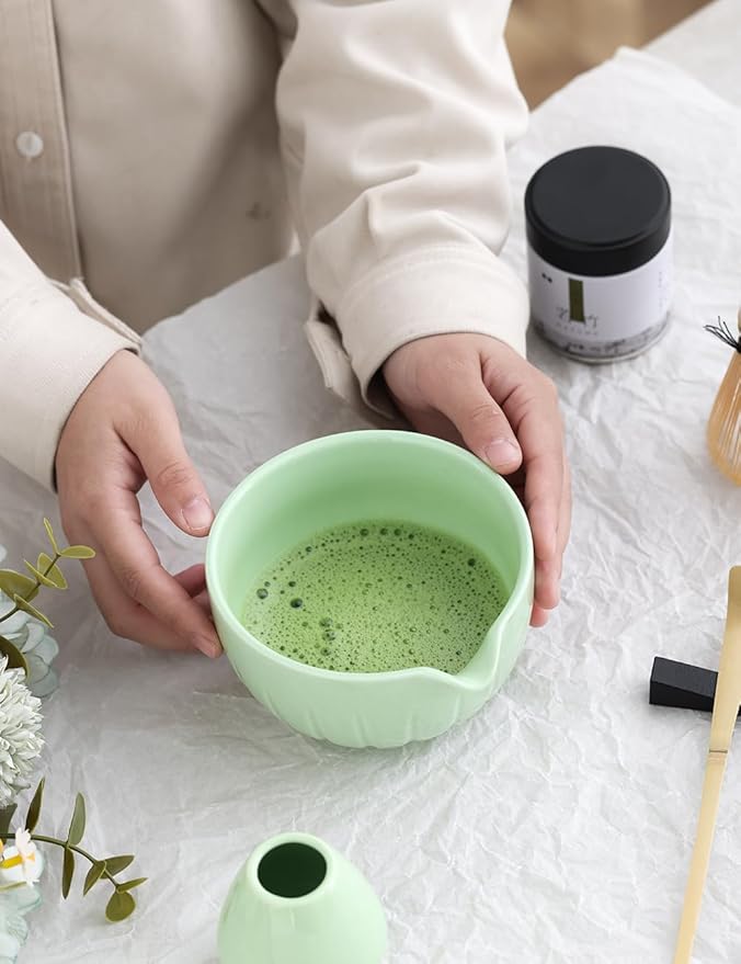 TANG PIN Matcha Set - Match Bowl and Whisk, 15 OZ, Matcha Scoop | Matcha Whisk Stand (Chasen Holder) - 4pc Perfect Matcha Kit for Matcha Tea Ceremony (Green)