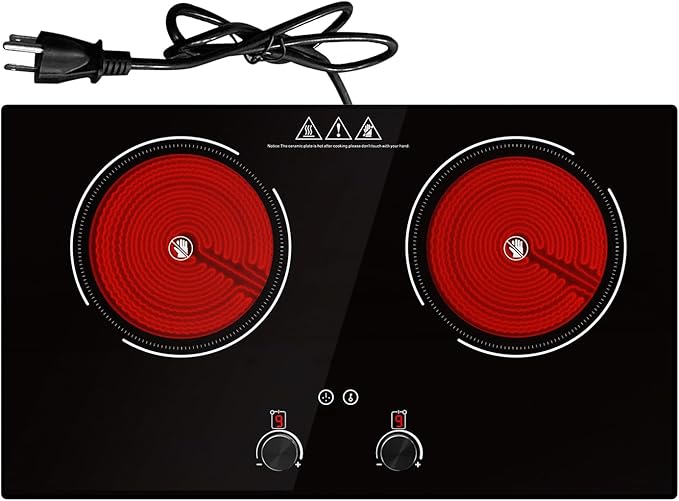 4000W Electric Cooktop: 24" Electric Stove 2 Burner Hot Plate Double Burner, Knob Control Countertop & Built-in, 9 Power Levels, Child Lock, Timer, Suitable for All Pans