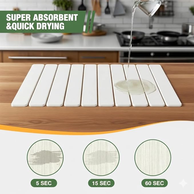 Large Stone Dish Drying Mat, 24" x 16" – Fast-Drying Diatomaceous Earth Kitchen Counter Mat – Quick Absorption – Non-Slip Modular Design