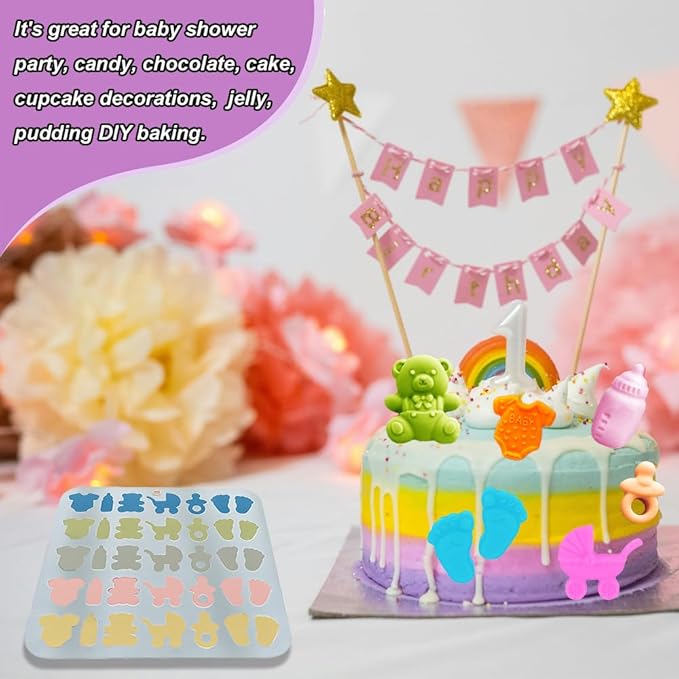 2 Pack Baby Shower Molds Silicone, 35 Cavity Baby Feet Molds with 3D Bottle Pacifier Onesie Carriage Bear Patterns for Baby Shower Party, Birthday, Candy, Chocolate, Cake Decorations Cupcake Topper